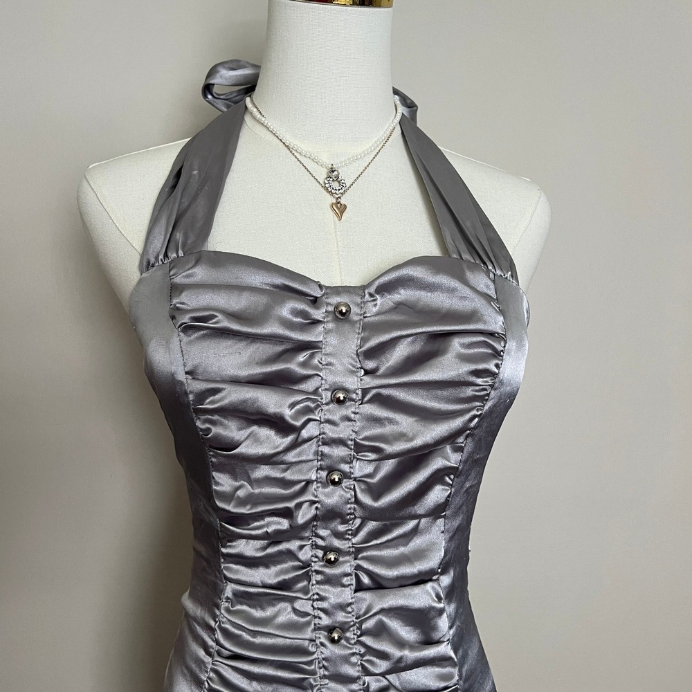 Silver Satin Ruched Halter Top Smocked Back Y2K Grey Party Blouse - Picture 2 of 9